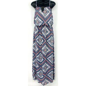 Rue Maxi Dress Women Size Medium M Blue White Red Geometric Lined Spaghetti B82